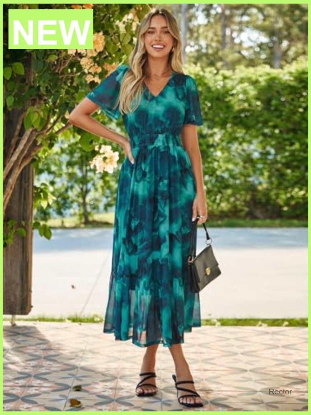 Vintage Floral Maxi Dress Wedding Guest Boho V Neck Short Sleeve Smocked Waist - Picture 4 of 7